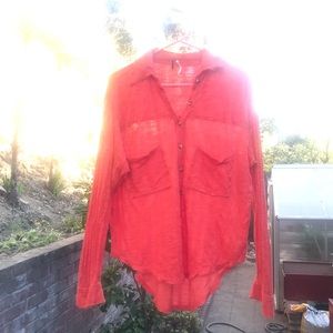 Free People Orange Hi-Lo Button Down